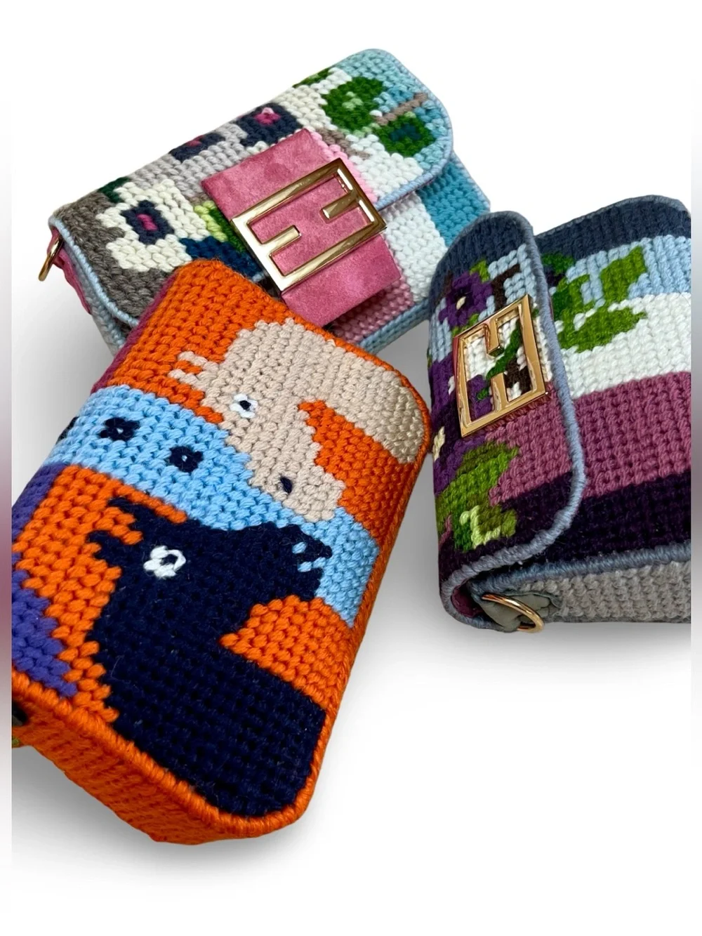 Needlepoint Mini Baguette Bag Equestrian Theme Clutch with Silver Chain Strap